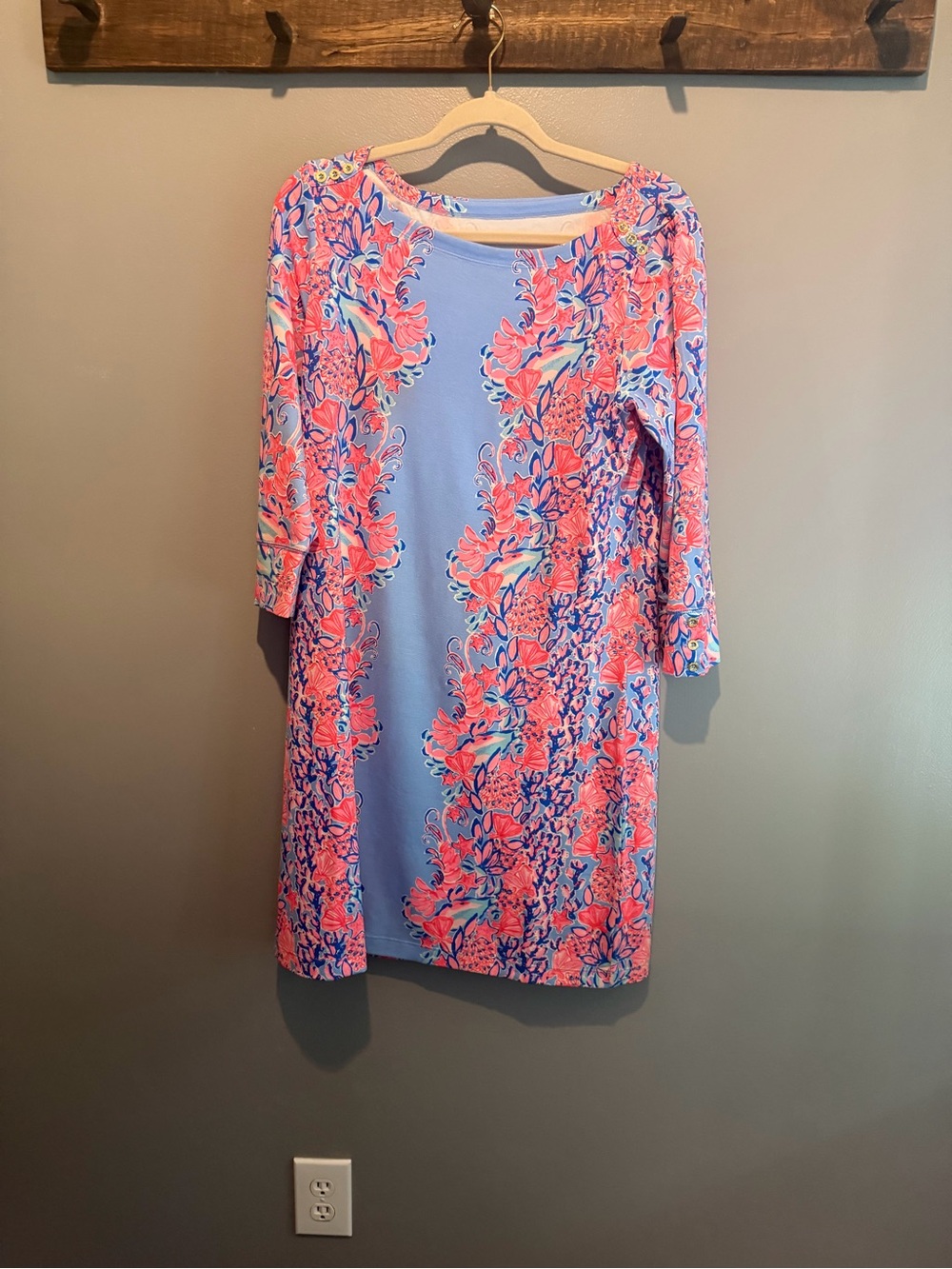Floral-Print Shift Dress in Light Blue and Coral